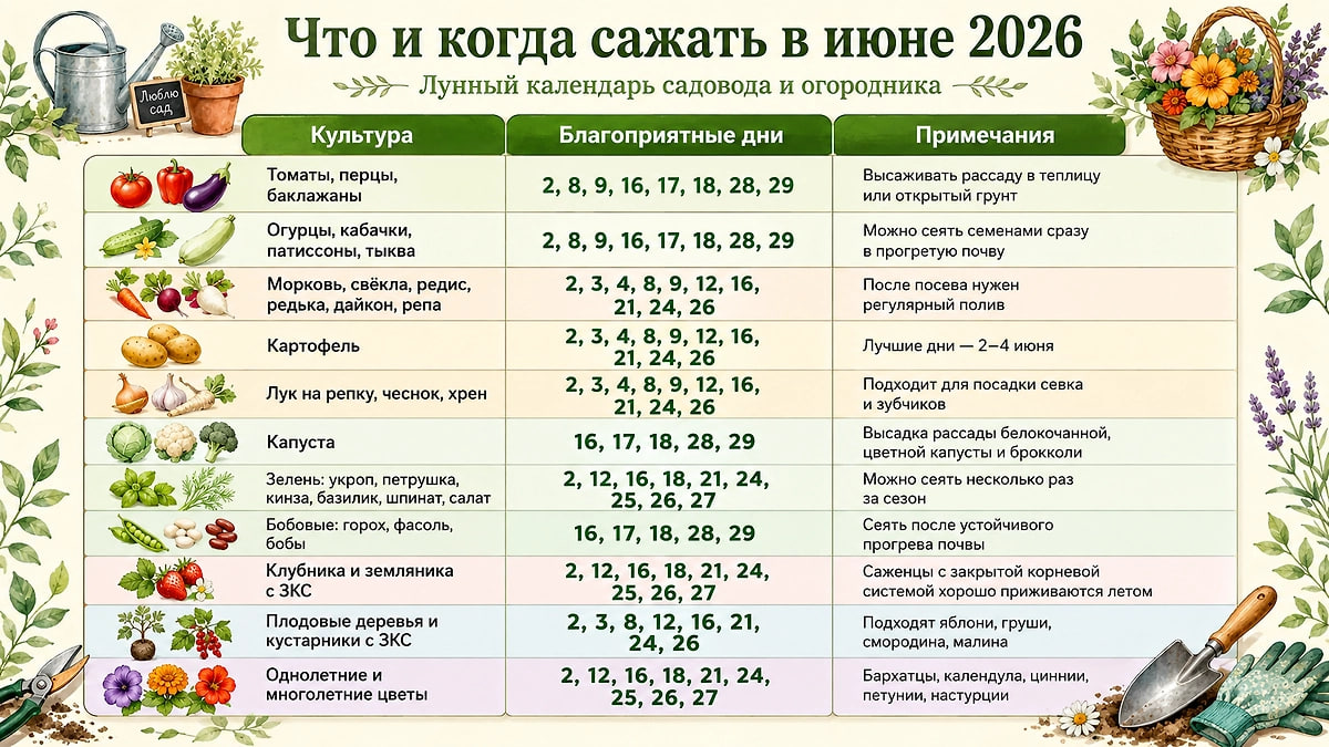 Посевной календарь на июнь 2026 года